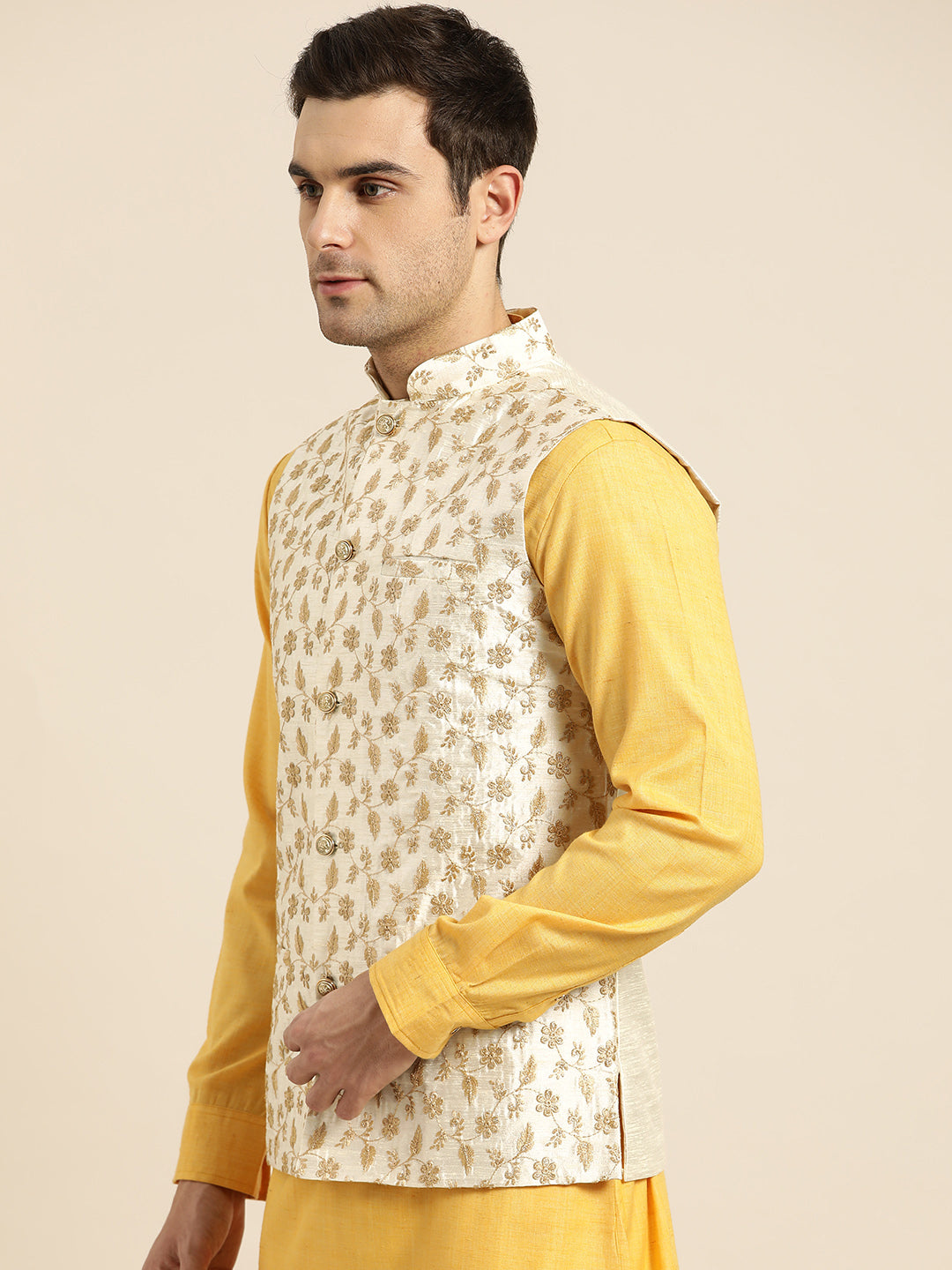 Mens Silk Blend Embroidered Cream Nehru Jacket