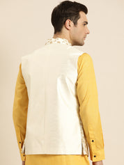 Mens Silk Blend Embroidered Cream Nehru Jacket