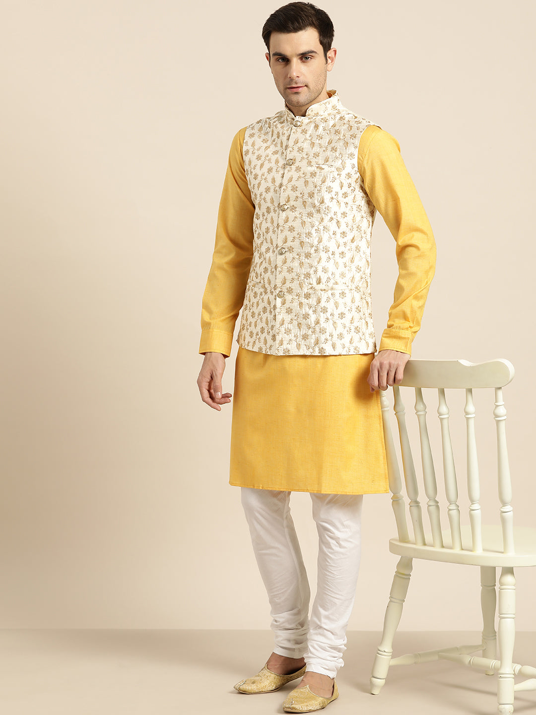 Mens Silk Blend Embroidered Cream Nehru Jacket