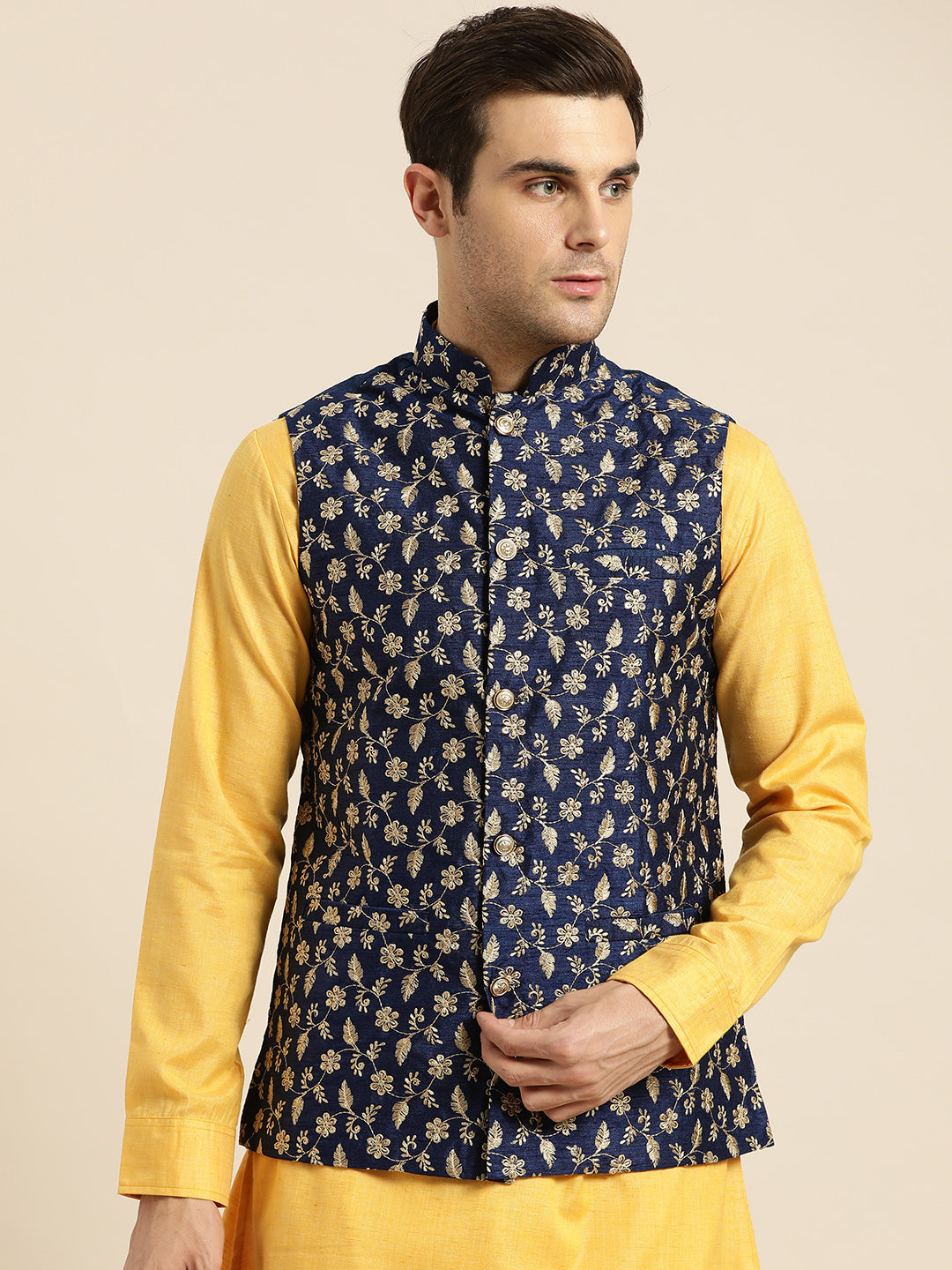 Mens Silk Blend Embroidered Navy Nehru Jacket