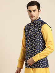 Mens Silk Blend Embroidered Navy Nehru Jacket