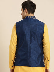 Mens Silk Blend Embroidered Navy Nehru Jacket