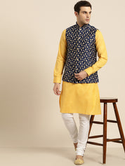 Mens Silk Blend Embroidered Navy Nehru Jacket