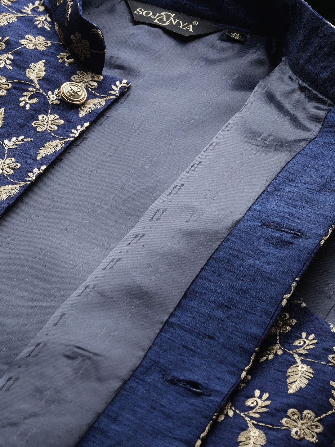 Mens Silk Blend Embroidered Navy Nehru Jacket