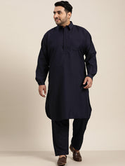 Men's Cotton Navy Blue Solid Pathani Salwar Set