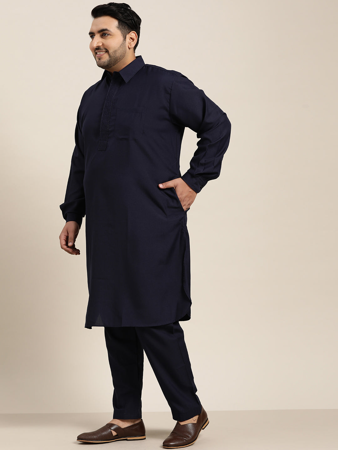 Men's Cotton Navy Blue Solid Pathani Salwar Set