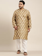 Men's Jacquard Silk Brown Kurta & Off-White Churidar Pyjama Set