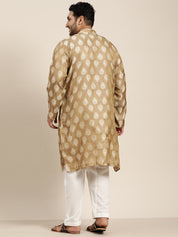 Men's Jacquard Silk Brown Kurta & Off-White Churidar Pyjama Set