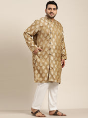 Men's Jacquard Silk Brown Kurta & Off-White Churidar Pyjama Set